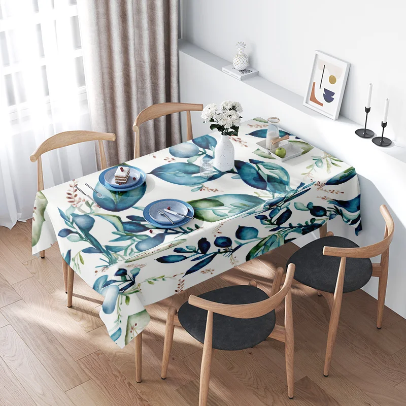 Blue Green Floral Tablecloth Home Decoration Round Rectangular Non-Slip Dining Party Event Waterproof Polyester Table Linens
