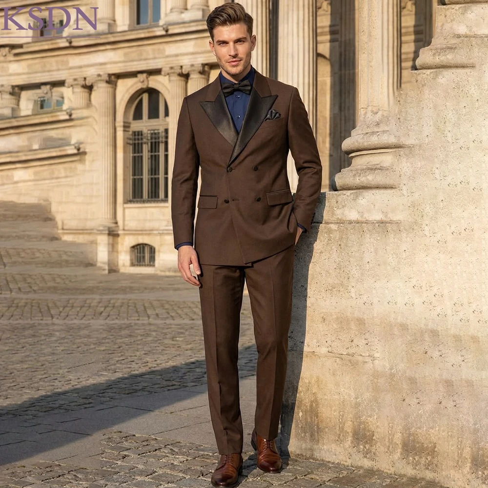 Elegant Brown Men's Suits Customized Double Breasted With Black Peak Lapel Slim Fit 2 Piece Jacket Pants For Wedding Outfits