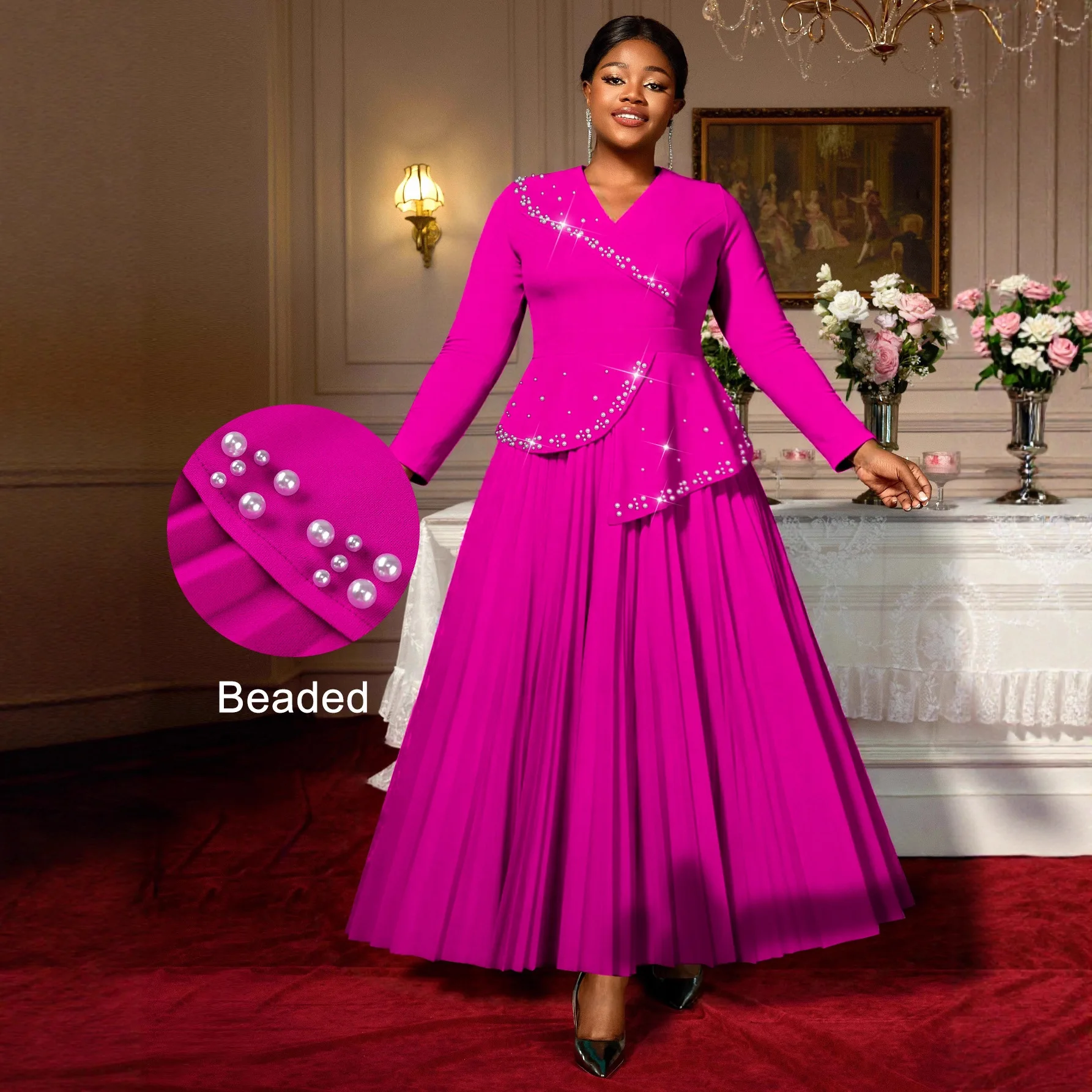 

Женское платье больших размеров с отложным воротником, розово-красное, с бисером, плиссированной юбкой, оборками, А-силуэта, стройнящее, элегантное, повседневное, в стиле Y2K