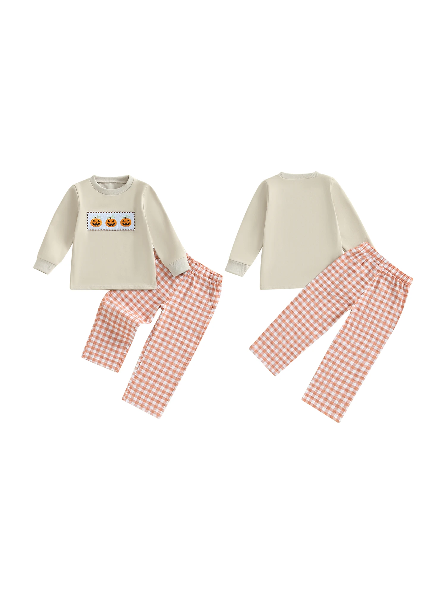 

Adorable Baby Halloween Costume Pumpkin Embroidery Top Plaid Pants Set with Elastic Waistband for Toddler Kids