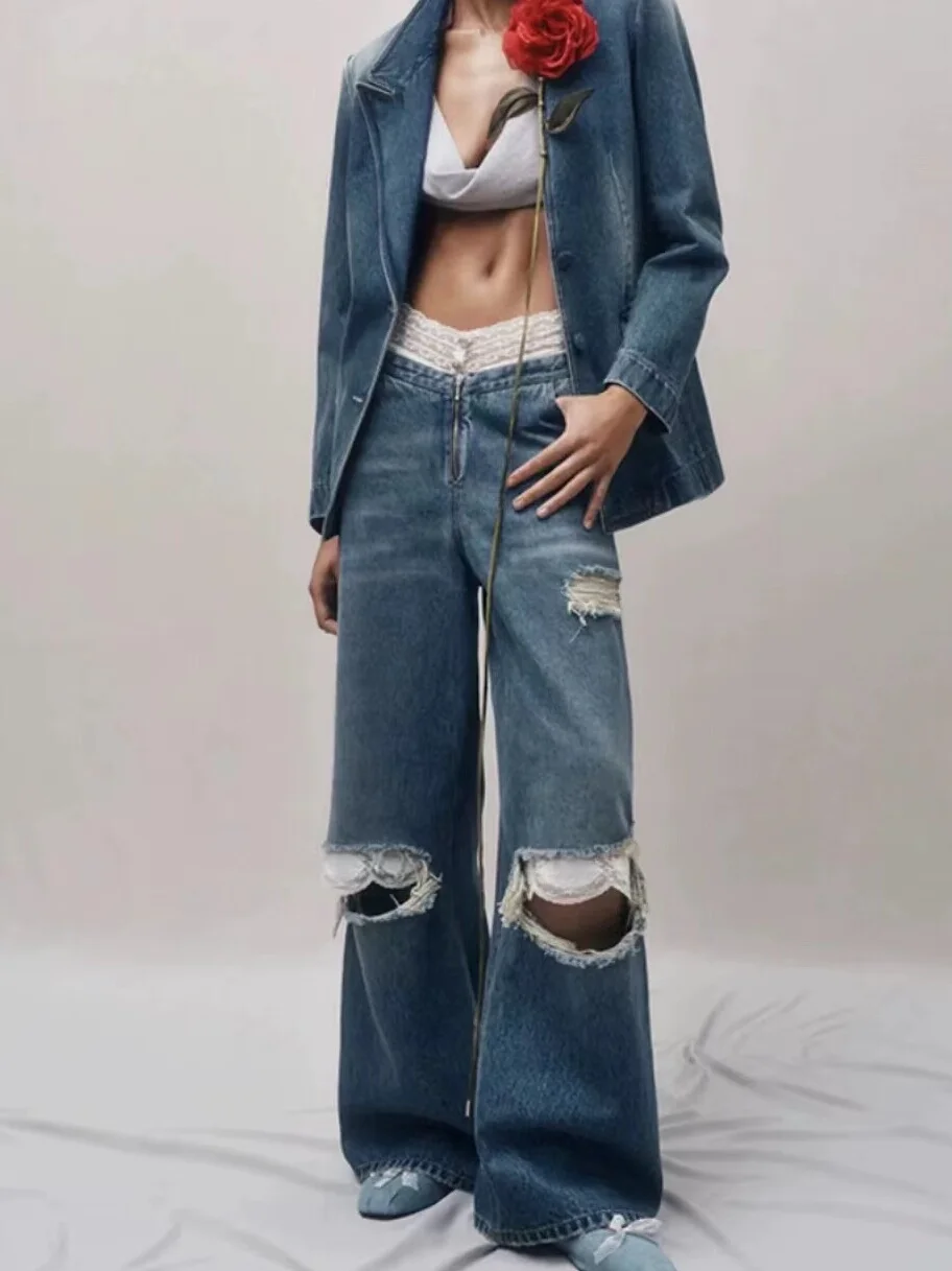 Romanian New Rising Lace Patchwork High Waist Cuffed Washed out Jeans Loose Slimming Straight Leg Long Pants for Women