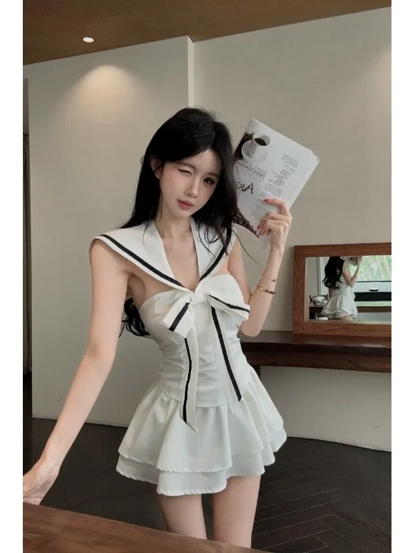 

Summer Art Student Pure Desire Navy Collar Sleeveless Ruffle Women's Fashion Set Short Shirt And Shorts Chic Style