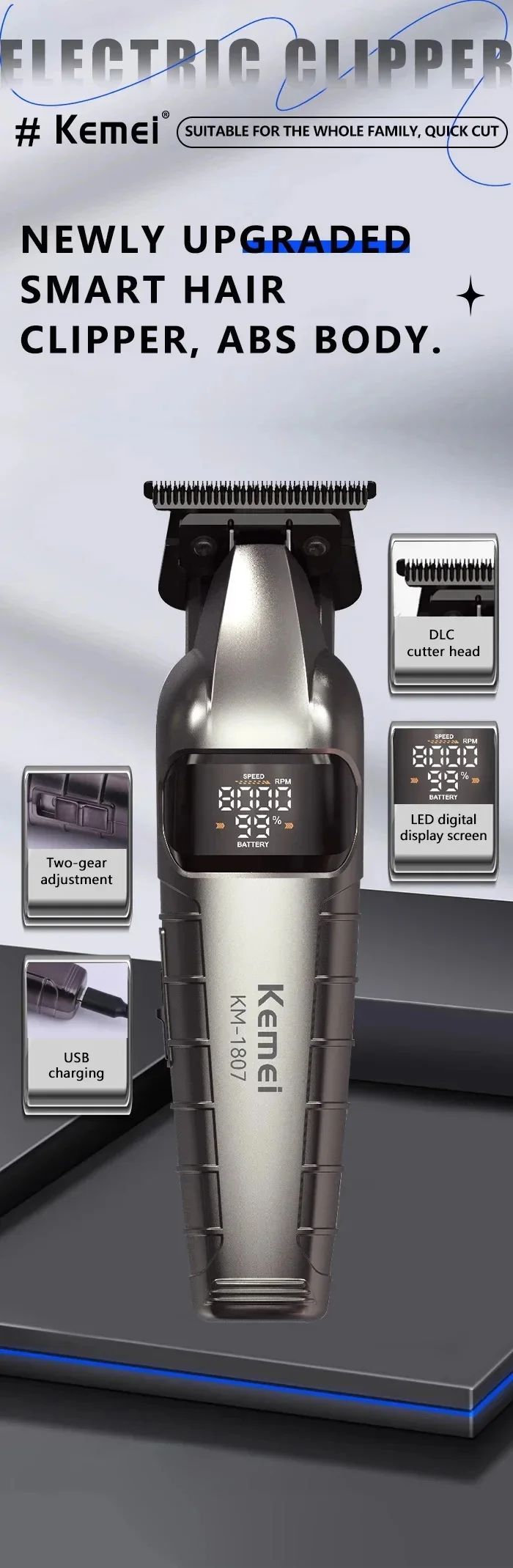 KM-1807 Professioneller Haarschneider von Kome USB Wiederaufladbarer Kabelloser Haarschneider für Männer mit LCD-Display Haarschneidemaschine – Detail 1