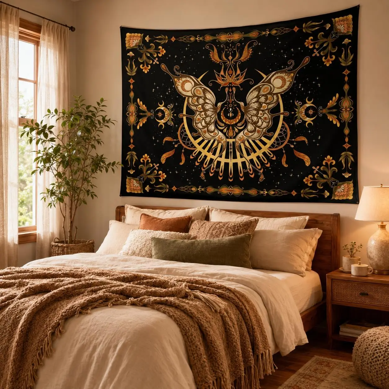Luxury Boho Tapestry Wall Hanging Bohemian Moroccan Ethnic Mandala Gold Print Art Decor Abstract Global Style for Living Room Be