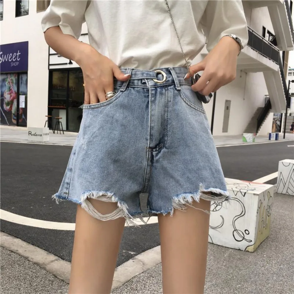 Invisible Open Crotch Outdoor Sex Exotic Hotpants Women Ripped Denim Shorts Ladies Loose Wide Leg Jeans High Waist Hot Pants