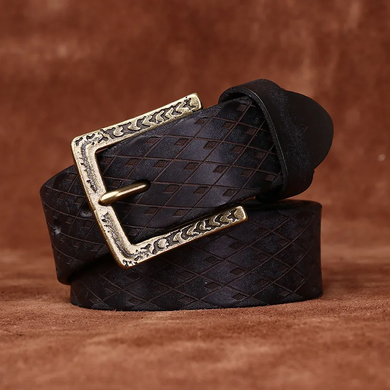 Men's belt diamond carved design thick extra thick retro leather belt men's first layer cowhide casual cowboy belt