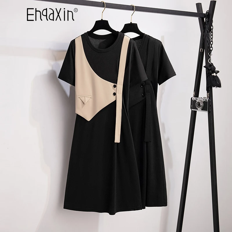 

EHQAXIN Summer New Women's Dress 2022 New Irregular Contrast Color Stitching Round Neck Short-Sleeved Long Dresses Female L-4XL