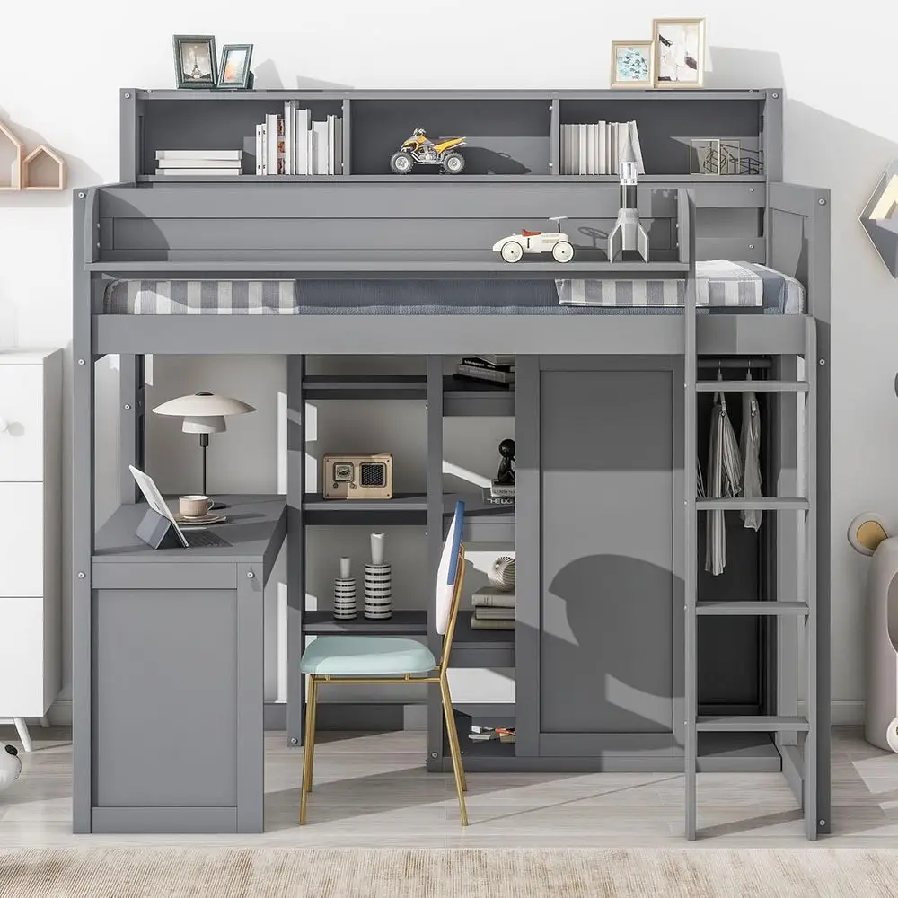 

Twin Size Loft Bed with Wardrobe, Desk, and Storage Shelves, Full-Length Guardrails for Kids, Teens, Adults - Space-Saving Grey