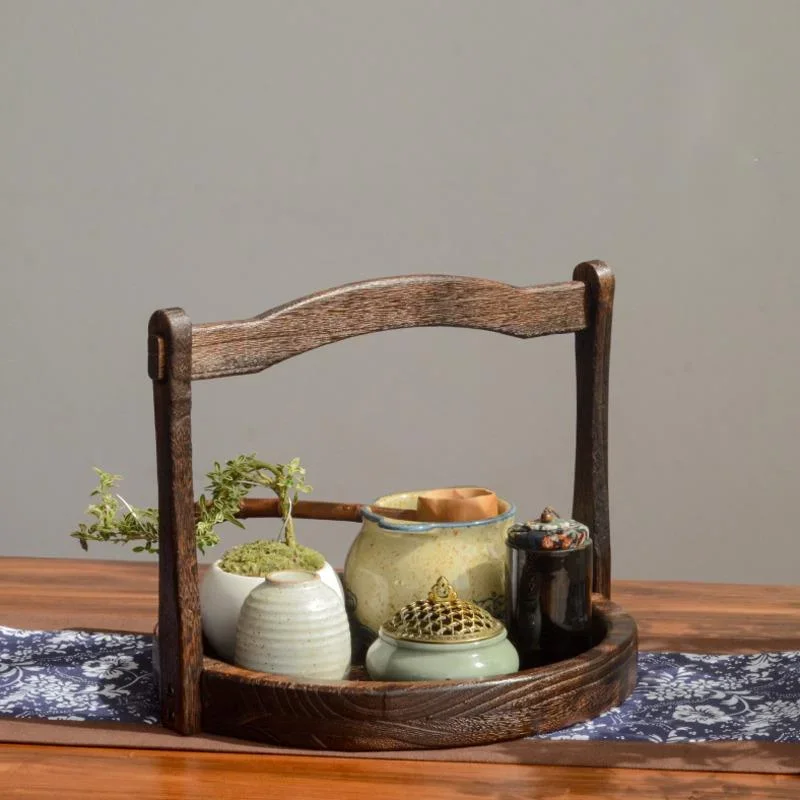 Solid Wood Retro Hand Basket Tea Ceremony Accessories Hotel Fruit Tray Living Room Tea Table Dried Fruit Tray