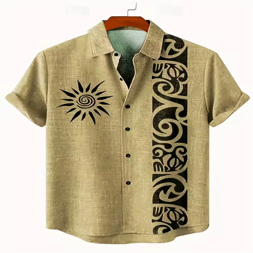 

Camisa de lino retro para hombre, camisa de verano de manga corta con estampado de retazos, top de manga corta con botones, ropa