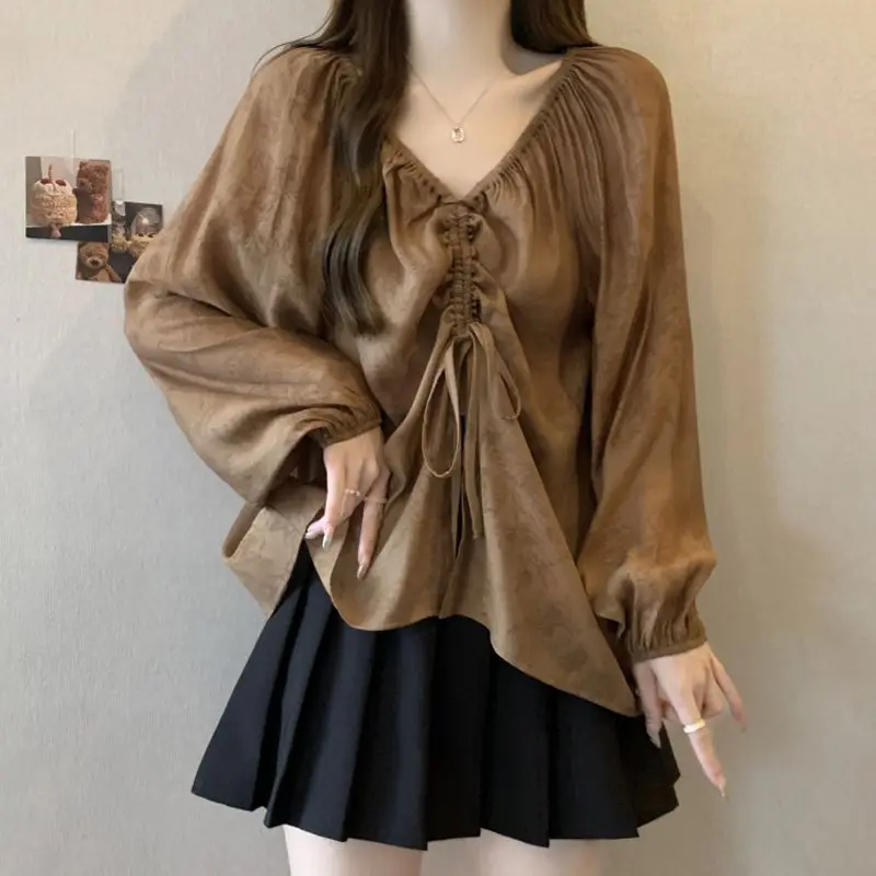 Large Size Women's French Irregular Bubble Sleeves Niche Shirt Women's Chubby Sister Looks Thin Covering Belly Drawstring Top