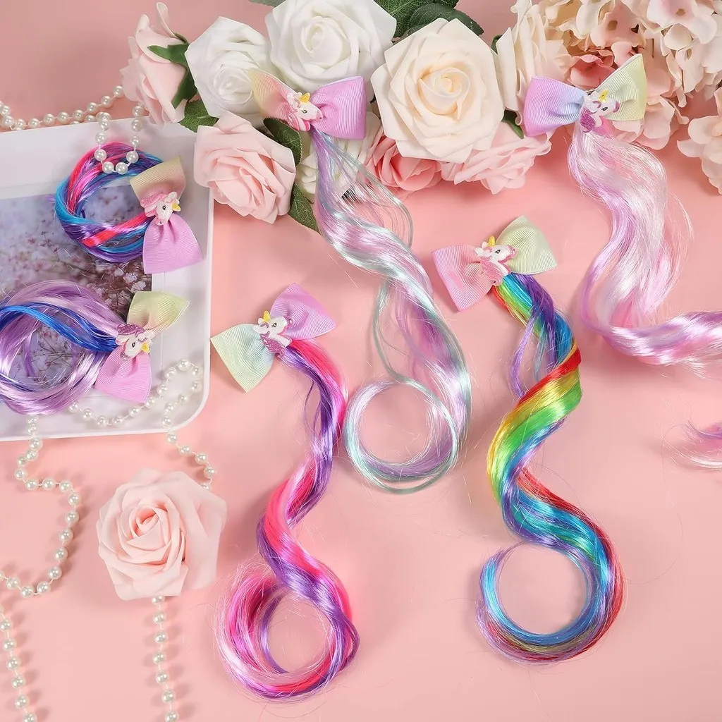 Girls Wig Accessories Unicorn Hair Extension Colorful Hairpins Fashion Ponytail Princess Birthday Headdress Dress Up Gift