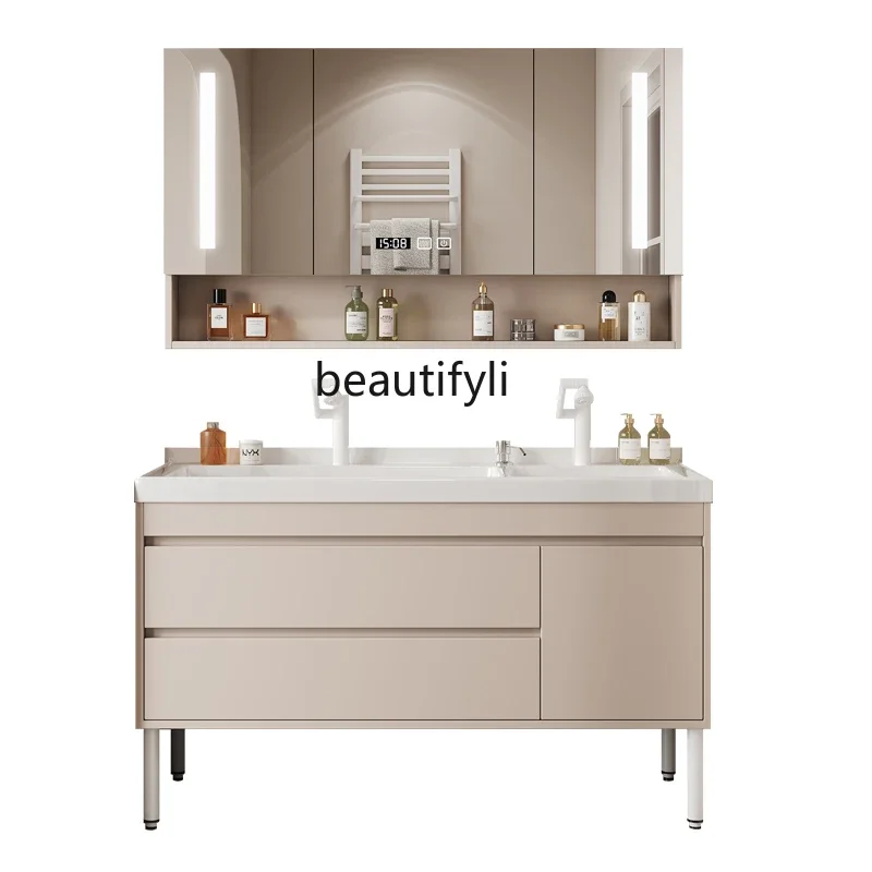 Light Luxury Smart Bathroom Cabinet Combination Ceramic Integrated Solid Wood Stone Plate Bathroom Wash Wash Basin