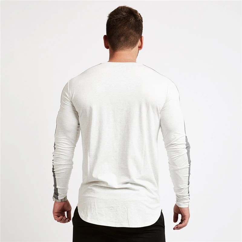 Cotton new white slim long sleeve T-shirt men\'s shirt crewneck fashion patchwork casual wear jogger fitness exercise sports wear