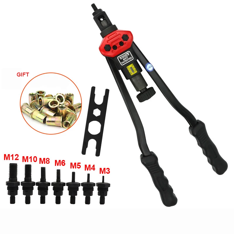 

Free Shipping BT-607 RIVET NUT TOOL Hand Blind Riveter Hand Riveter Rivet Gun with 7 Metric Mandrels 70pcs Rivnuts