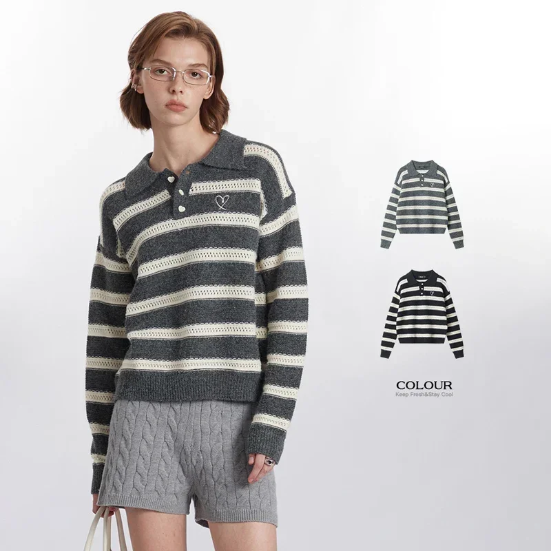 

CASUMANL Brand England Pullovers Females Color Blocking Striped Autumn Winter New Turn Down Collar Sweaters Women Fashion Tops