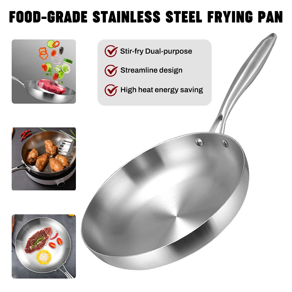 

304 Stainless Steel Frying Pan, NonStick Pan Fried Steak Pot Uncoated Kitchen Cookware For Gas Stove and Induction Cooker