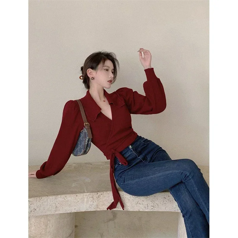MEXZT Vintage Cropped Sweater Women Bandage Knitted Pullovers Streetwear Korean Lantern Sleeve Knitwear Elegant Bodycon Jumpers