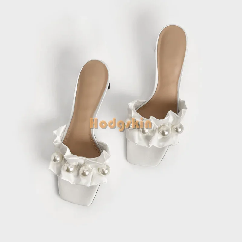 

White Pearl Ruffles Stiletto Slippers Solid Satin Square Toe Shallow Pull on Thin Heel Sandals 2024 New Women Elegant Party Shoe