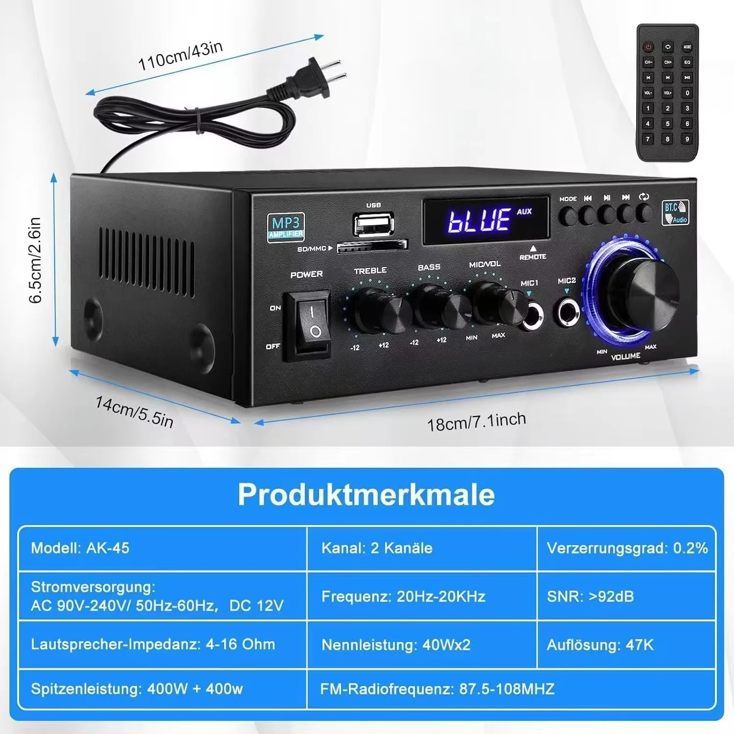 Mini Digital Amplifier BT 5.5 Power 300WX2 Output Channel 2.0 Max 400W Subwoofer Audio Stereo Receiver Amplifier