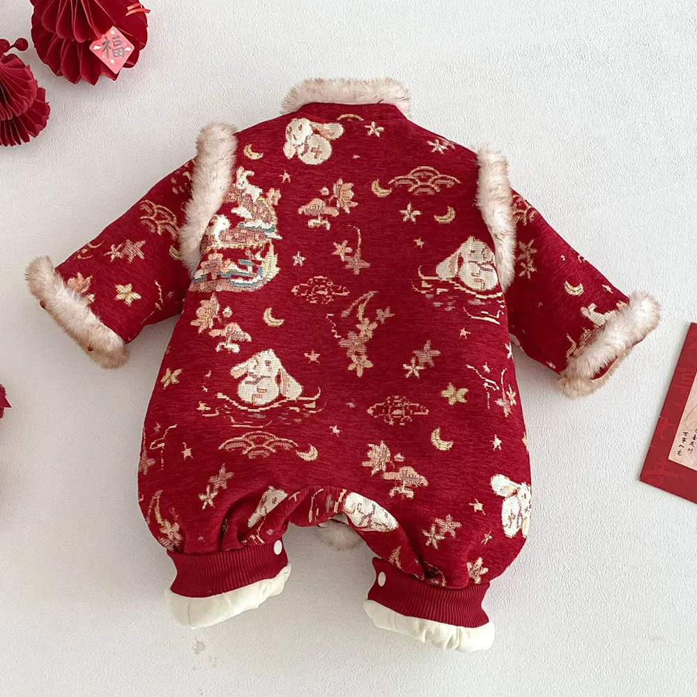 Christmas Baby Girl Winter Romper Long Sleeve Velvet Thicken Warm Chinese Traditional Clothes New Year Baby Boy Jumpsuit  -128
