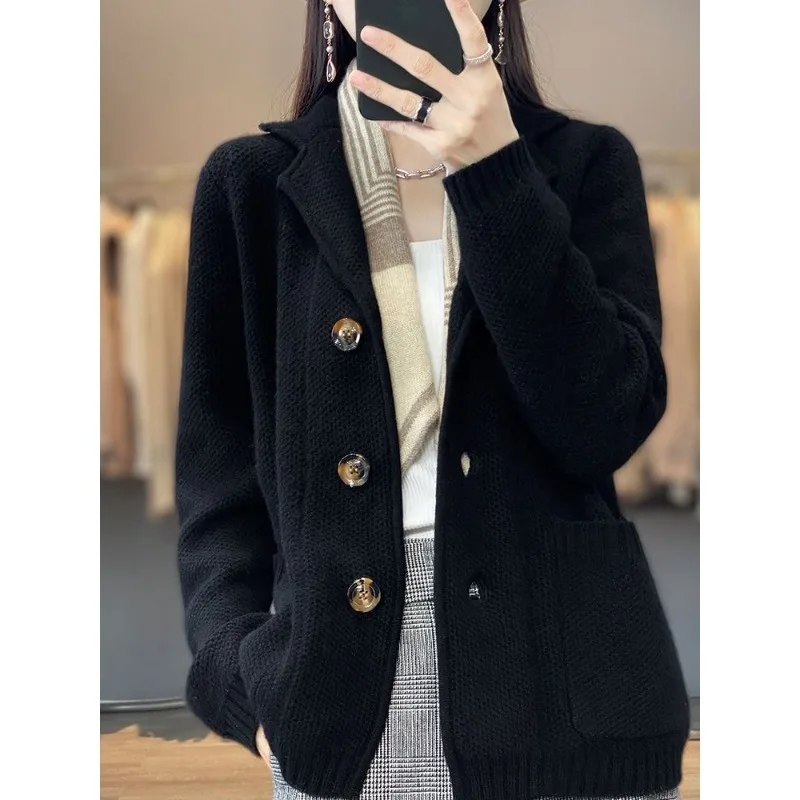 Suit Collar Thickening Type Sweater Cardigan Jacket Female New Autumn and Winter Models Loose Lazy Wind All-match Knitwear Tide