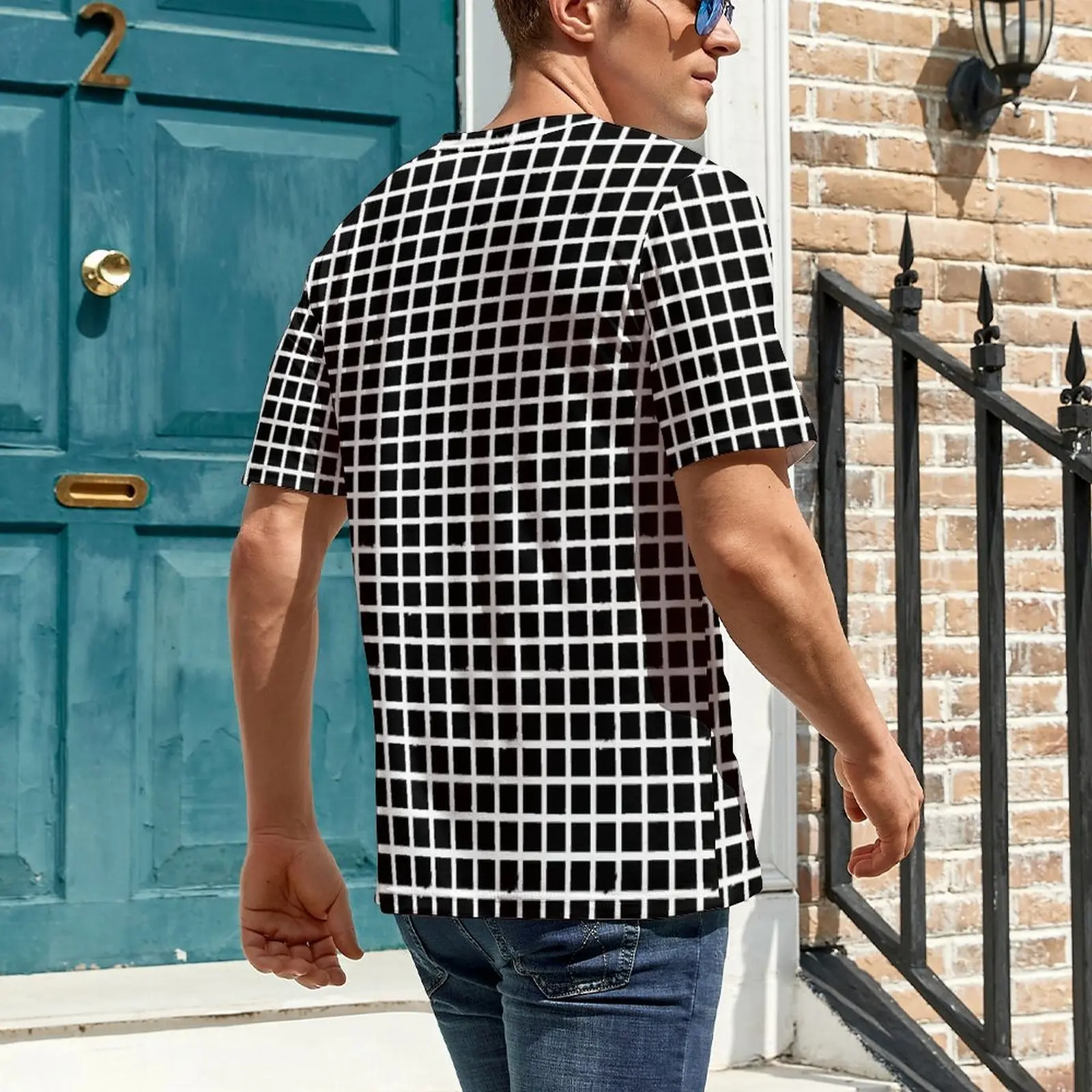 Plus Size T Shirt Beach Check Print T-Shirts Black And White Plaid Funny O-Neck Tee Shirt Mens Fashion Pattern Top Tees