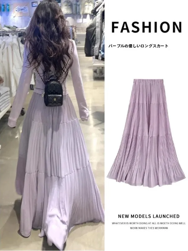 

plus Size Women's Purple Pleated Skirt Spring Summer New Style A-Line Long Fairy Draping Half Body Skirt Weight Conceal Slimming