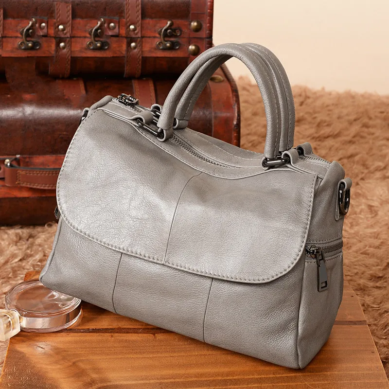 Woman Bag Genuine Leather Handbag Casual Tote Retro Shoulder Bag Female Cowhide Crossbody Messenger Bags Boston Style Hand Purse