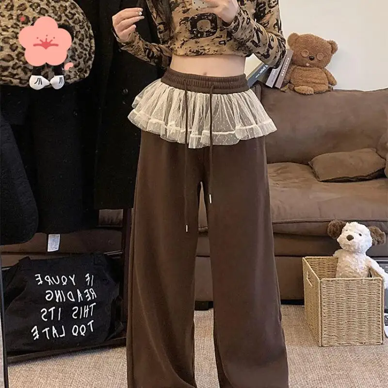 كسول الرياح السراويل النسائية نموذج جديد الدانتيل لينة الدنيم عارضة لصق الترفيه الشتاء عالية الخصر الرباط مزاجه السراويل فضفاضة