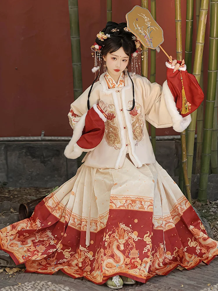 

Оригинальный женский новогодний ансамбль Han Tang Huayun, теплый комплект пальто с карпом дракона на подкладке и юбка с хвостом