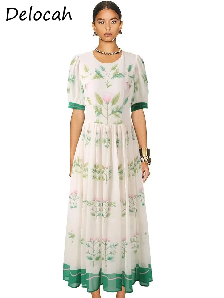 

Delocah High Quality Summer Women Fashion Runway Designer A-Line Dress Short Sleeve Green Leaf Printed High Waist Long Dresses