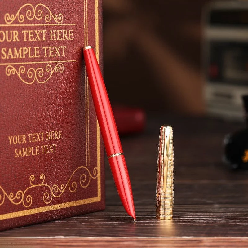 Imagem -02 - Hero 100 14k Gold Metal Fountain Pen Vermelho Metálico Tinta Assada ef 0.38 mm Escrita Escritório Elegante Conjunto de Luxo Papelaria