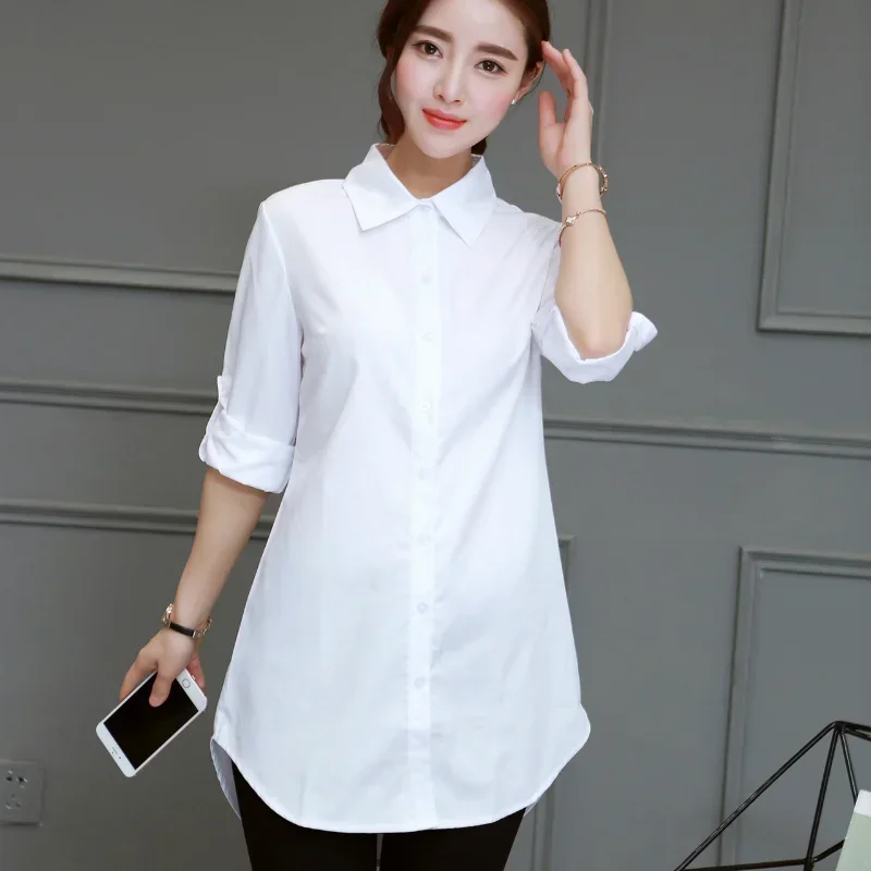 Spring Autumn Women Shirts New BF Long Shirts Sexy Loose Large White Shirts Pajamas Mid Length Women\'s Blouse Basic Ladies Tops