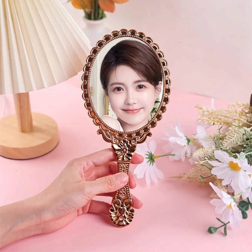 Vintage Patterned Handheld Makeup Mirror Hand Hold Oval Round Mirror Noble Restore Ancient Ways Court Mirror Beauty Tool