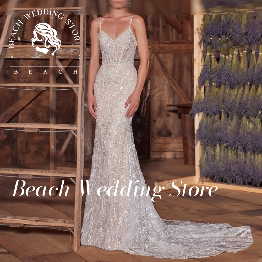 

Beach Customized Spaghetti Strap Sleeveless Sweep Train Floor Length Backless Traditional Wedding Dress Charming High quality