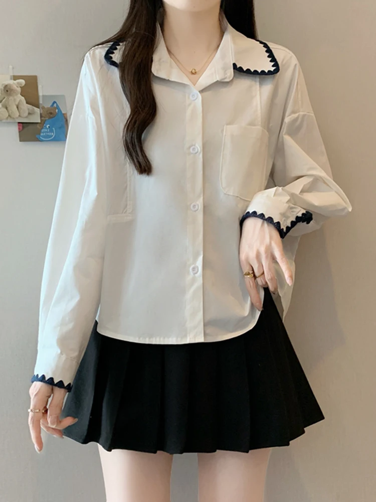 

Casual Sle Long Sve White irt Women's Spring 2026 New Loose Lace Splicing Top Ladies' Blouse Design Sense Turn-down Co...