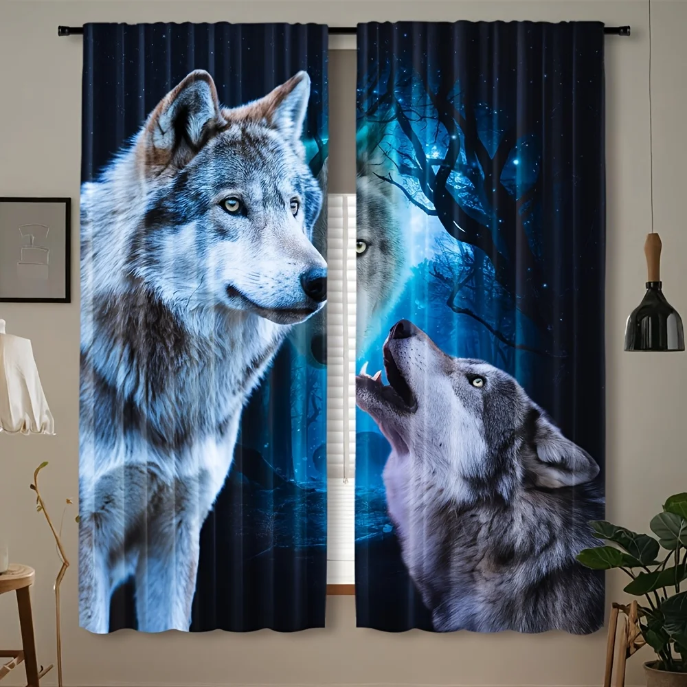 Abstract Wolf Silhouette Blue Curtains Panel Starry Night Forest Window Drapes Gothic Moody Living Room Aesthetic Curtains