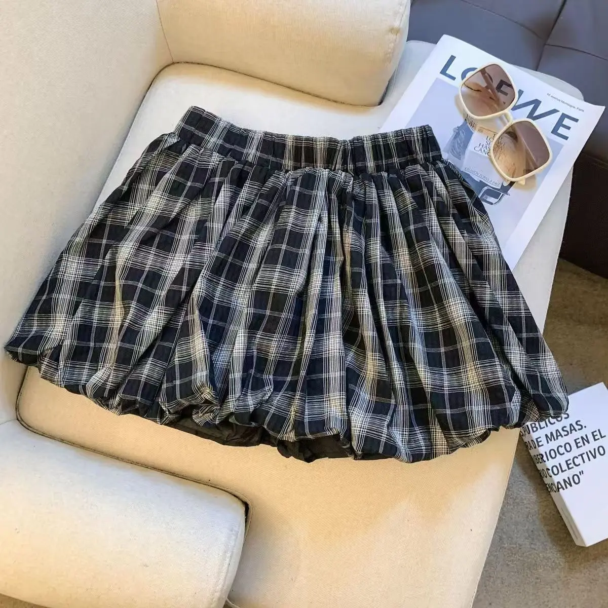 Skirt Girl Niche Korean Plaid Retro Puffy Flower Bud Short Skirt Summer Thin Design A-line Bright Fashion Trend