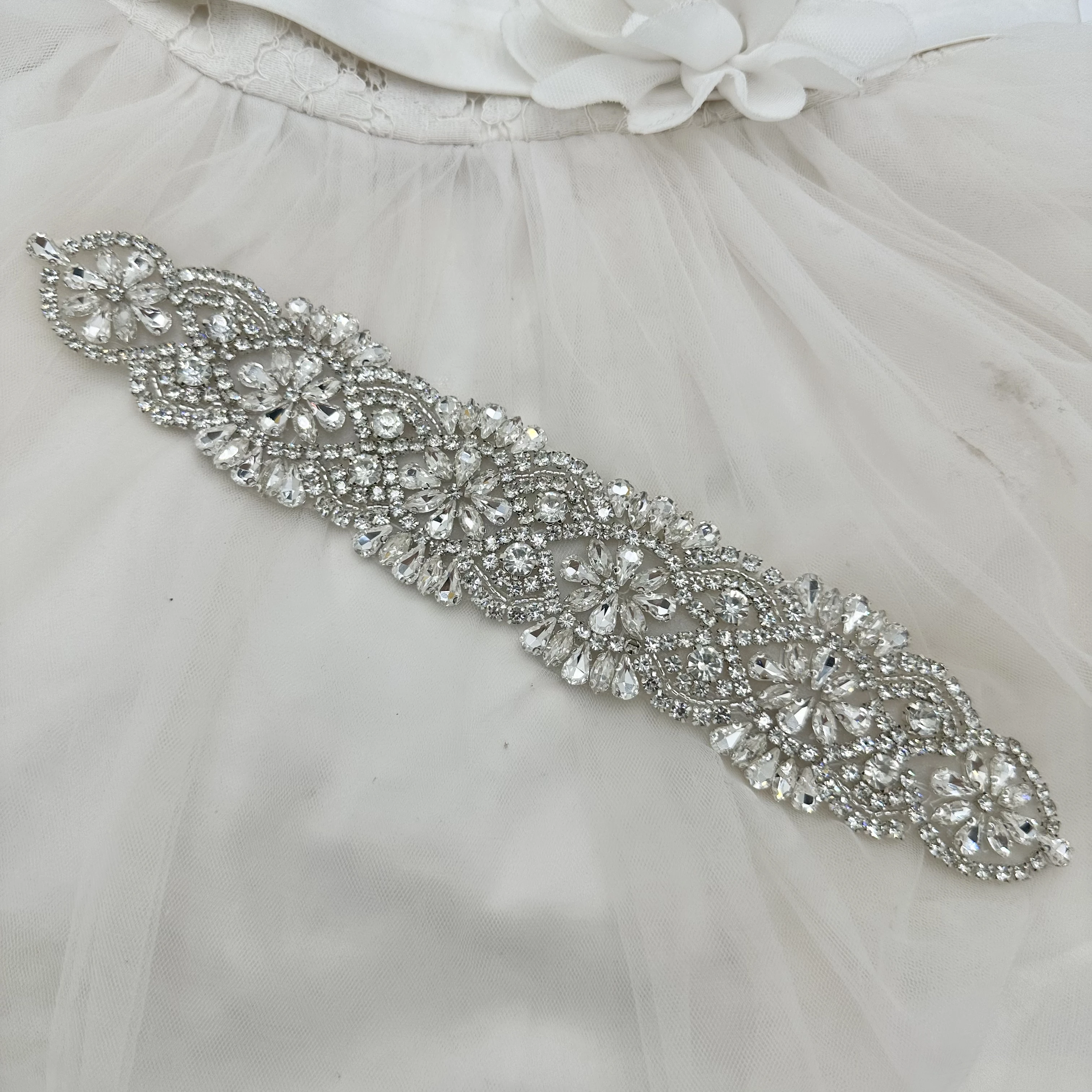 beaded pearl rhinestone applique silver patch for women dress wedding sash bridal belt