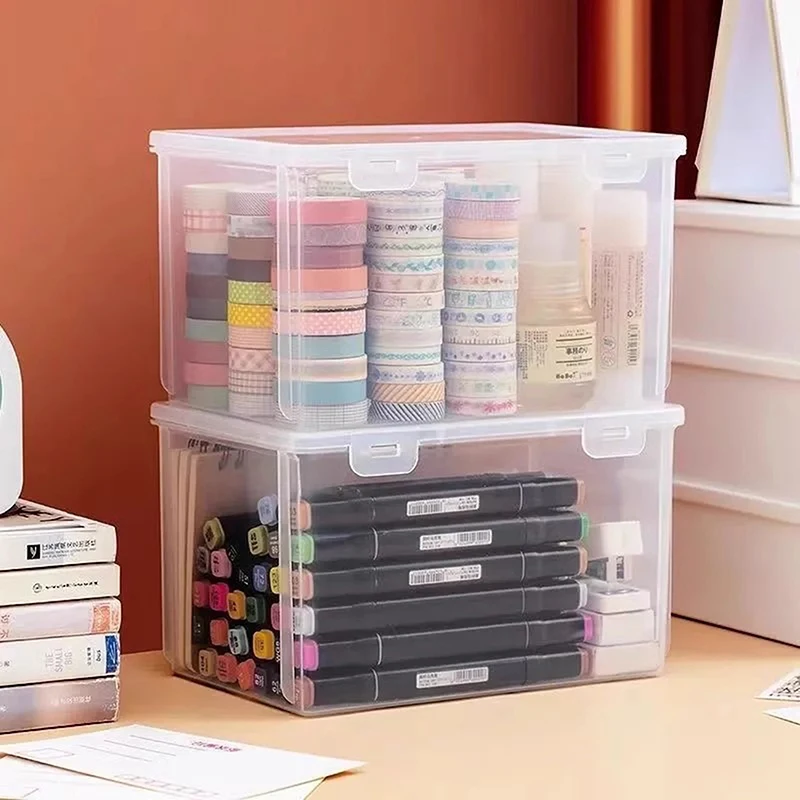 

Пластиковые контейнеры для хранения с защелкой крышки, большая емкость, прозрачный пластиковый ящик для хранения, настольный органайзер, офисные принадлежности