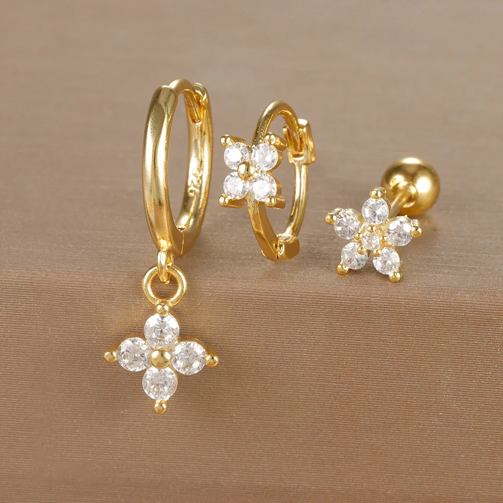 3PCS Stainless Steel Flower Cubic Zirconia Hoop Earrings Set For Women Gold Color Piercing Earring Vintage Waterproof Jewelry