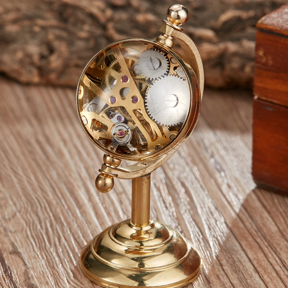 High Quality Golden Mechanical Pocket Watch Unique Table Clock Gift for Men Globe Transparent Clock Steampunk Drop Shipping часы