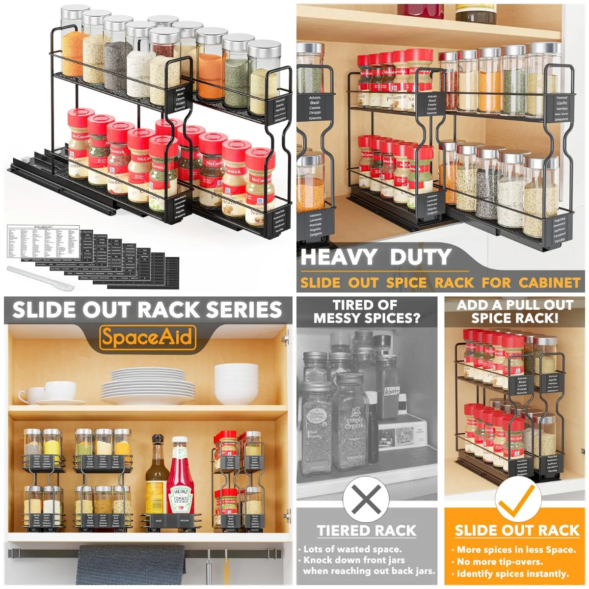 

Выдвижной органайзер для специй, 2-уровневый выдвижной органайзер для шкафа с этикетками, 5,2 дюйма Ш x 10,75 Д x 10 В, сверхмощный