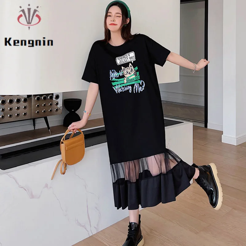 Nieuwe 2023 Zomer Jurken Losse Plus Size Patchwork Mesh Zwarte T-Shirts Jurk Designer Lady Vestido Kleding Vrouwelijk Gewaad Ke3488