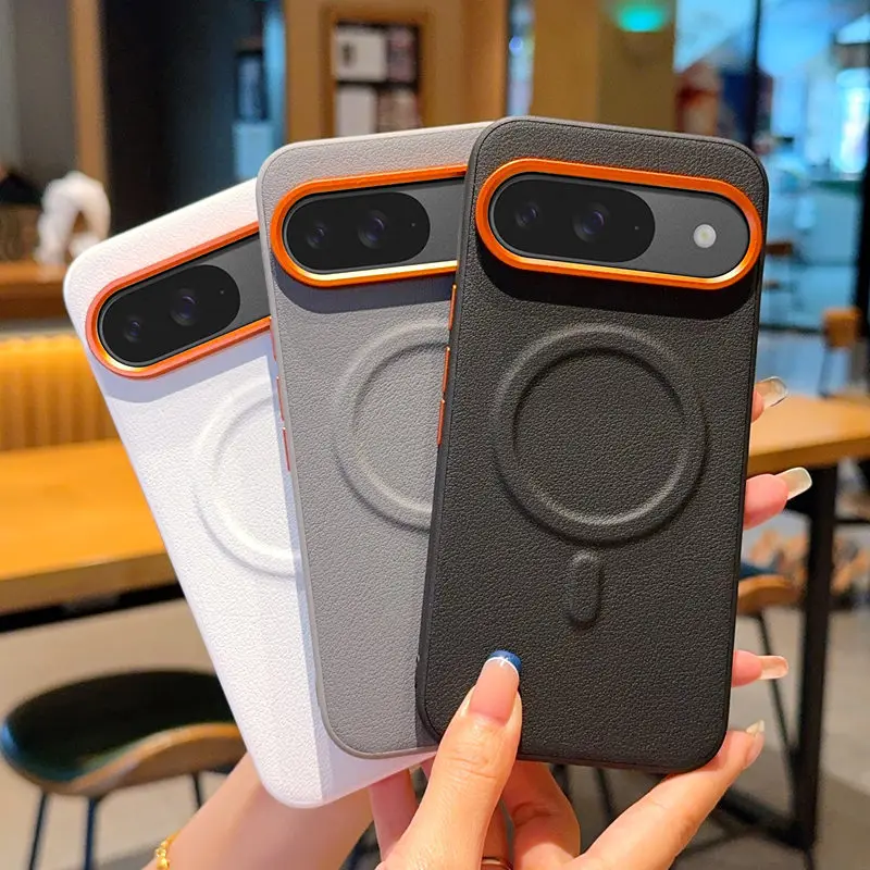 For Google Pixel 10A 10 11 Pro XL Vegan Leather Phone Case Magnetic Wireless Charger PC Shell Protective Solid Color Back Cover