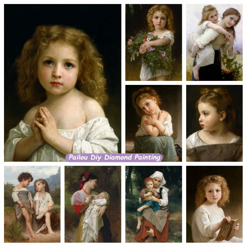 

Classical William Adolphe Bouguereau Diamond Painting Art Famous Little Girl Virgin Angels Embroidery Cross Stitch Home Decor