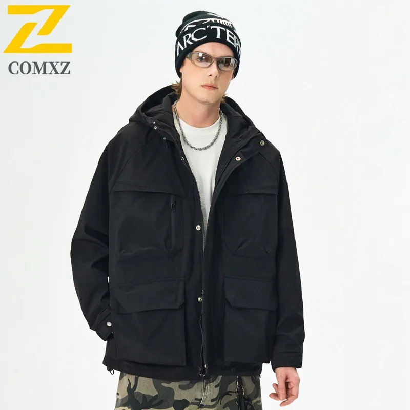

COMXZ 2025, функциональная водонепроницаемая куртка унисекс с карманами и капюшоном, весна-осень, модное повседневное легкое удобное пальто