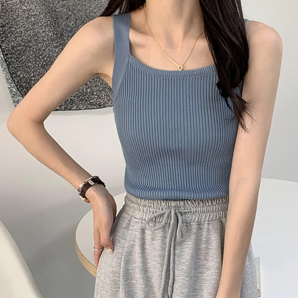 

2024 Summer Women Knitted Tank Tops Square Neck Ribbed Camisole Basic Casual Crop Tops Knitting Vest Sleeveless Tops For Women