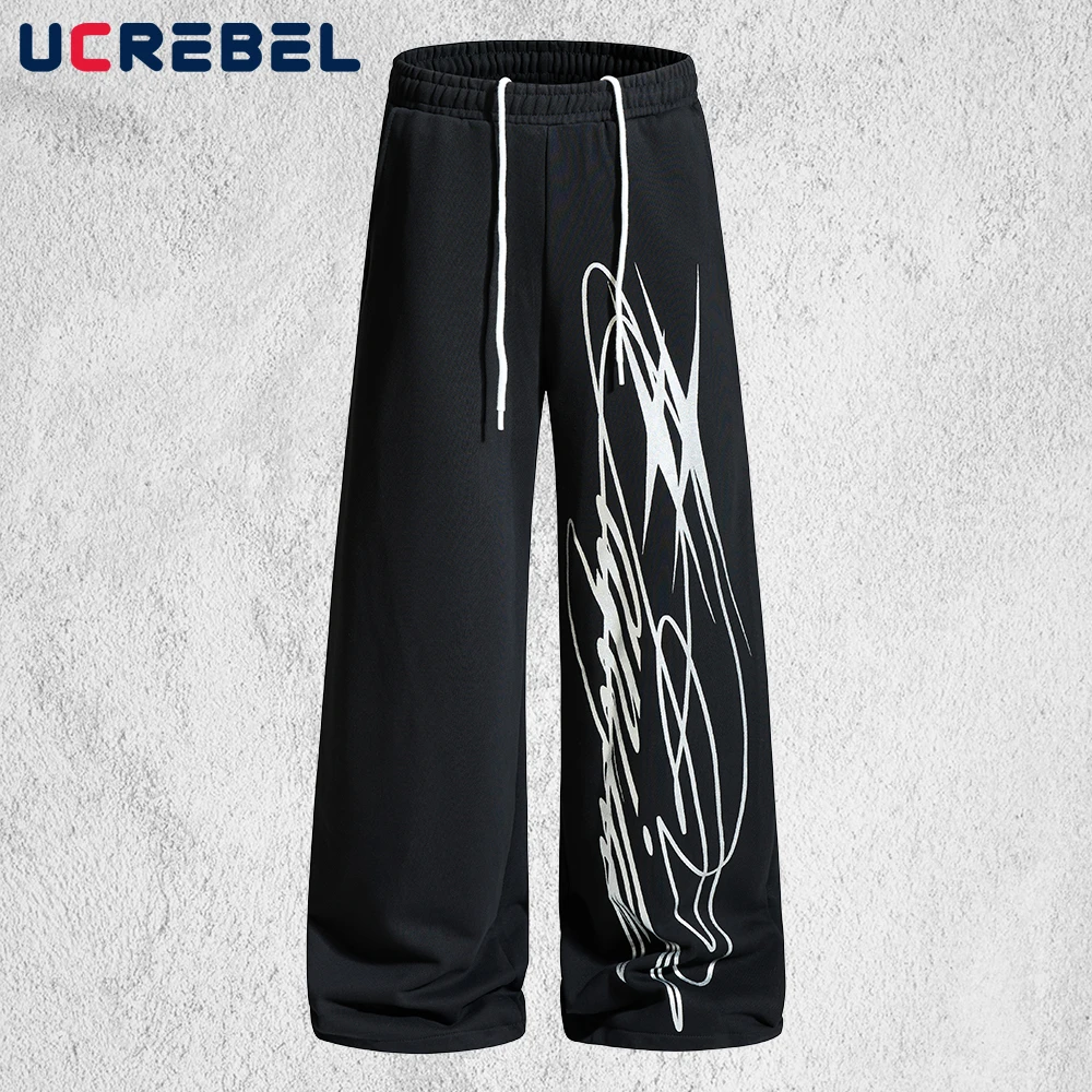 

Graffiti Print Sweatpants Mens Retro Hip Hop Streetwear Elastic Waist Wide Leg Baggy Jogger Pants Man Trousers